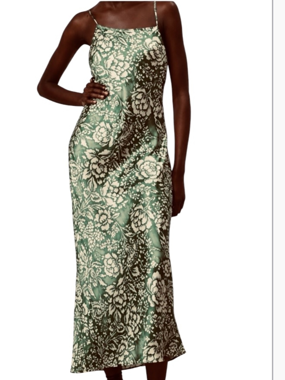Zara Women’s Sage Green Cream Off White Floral Satin Slip Maxi Dress Sz XS